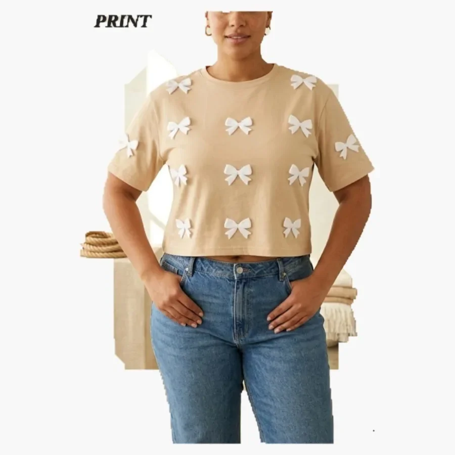 Beige Bow Puff Tee wholesale ladies clothing