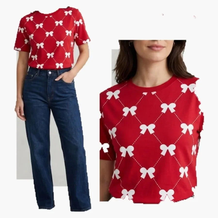 Red Bow Allover Puff Tee wholesale ladies clothing